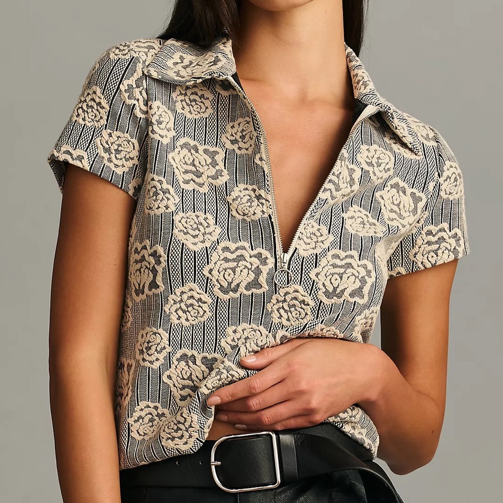 COPY - Maeve Floral Jacquard Zip-Up Polo Sweater Anthropologie